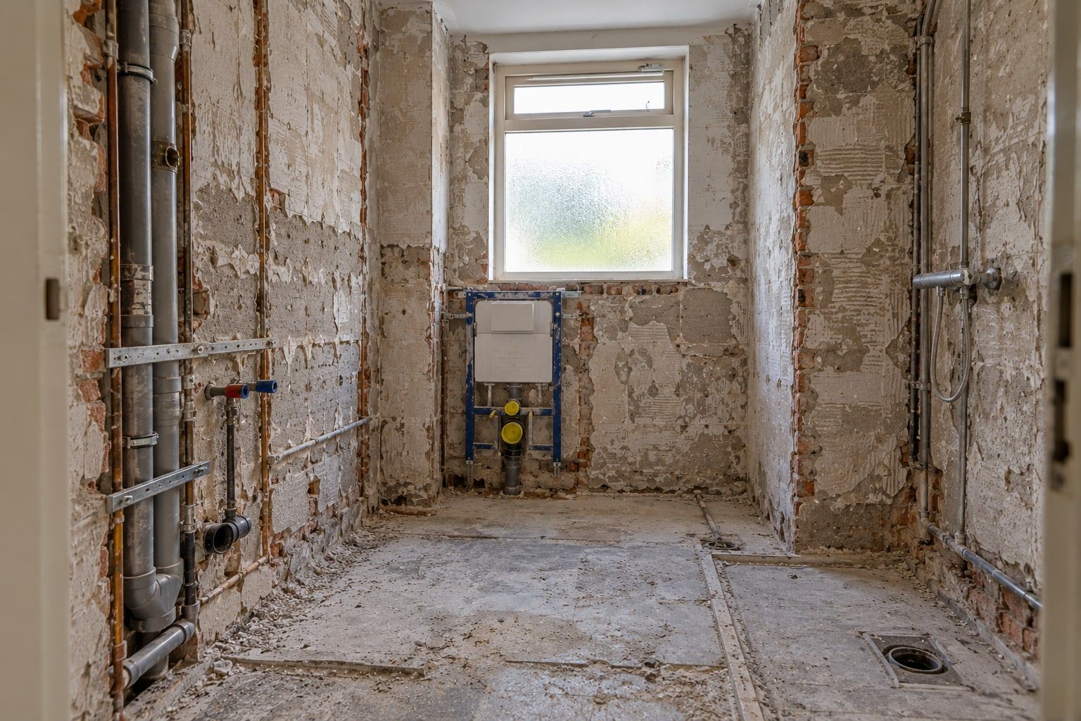 Badkamer gesloopt tot op de steen, met het inbouwreservoir en de leidingen nog zichtbaar