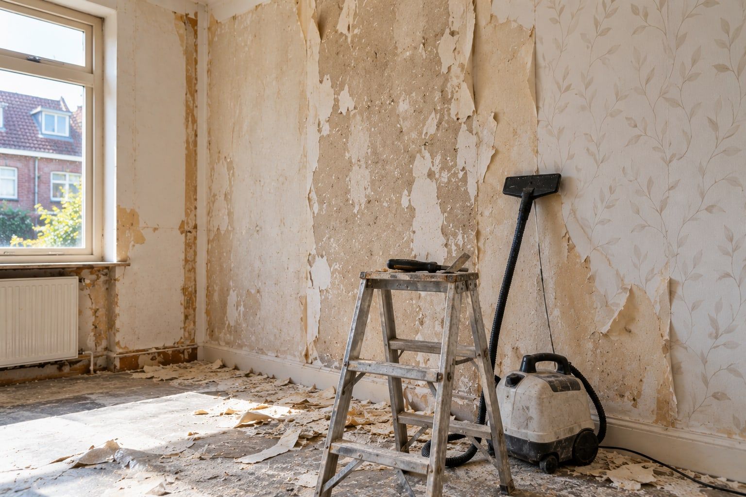 Kamer waar behang van de muur wordt gestoomd, met een behangstomer en een trapje