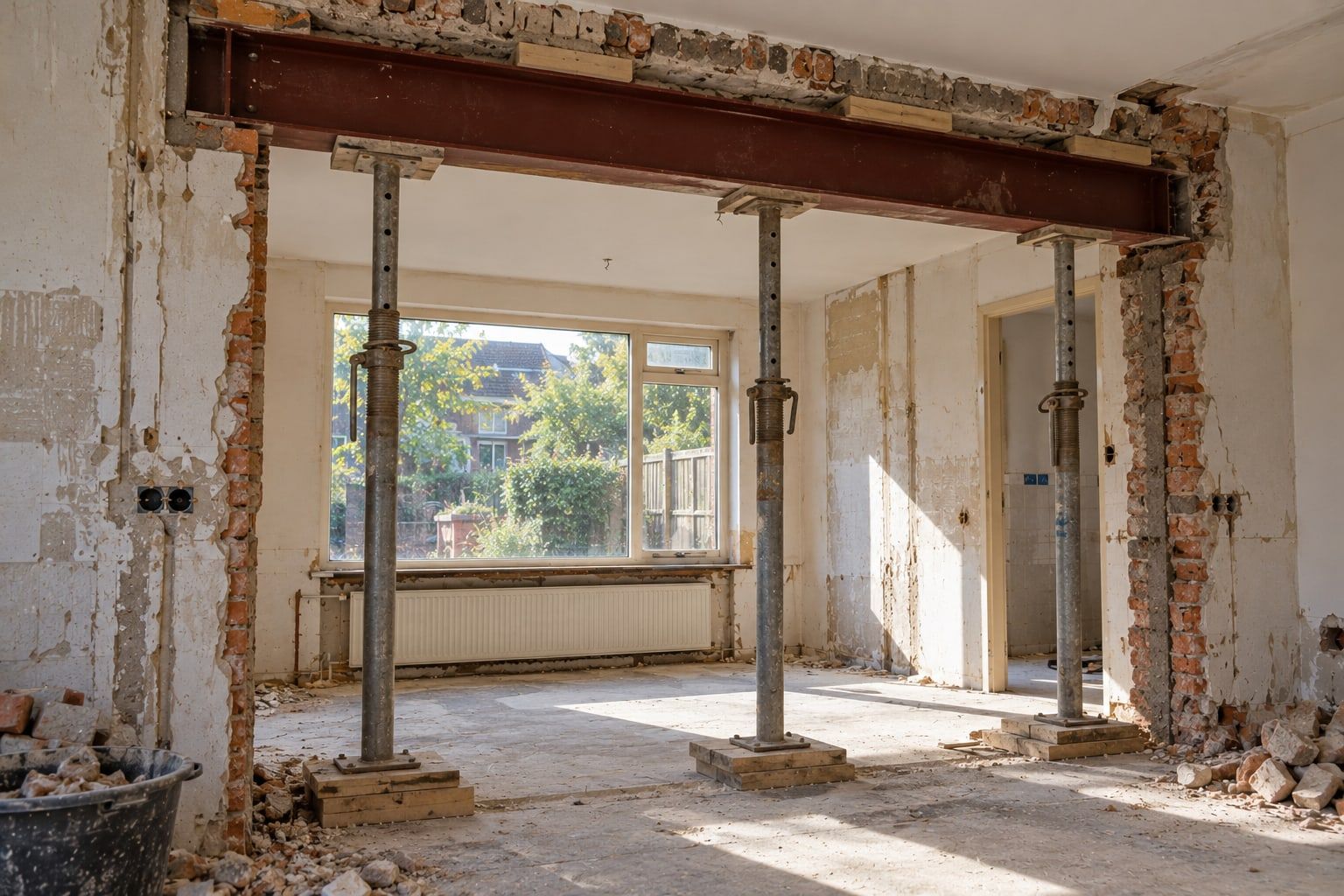Doorbraak tussen twee kamers met een stalen balk die tijdelijk op stempels rust