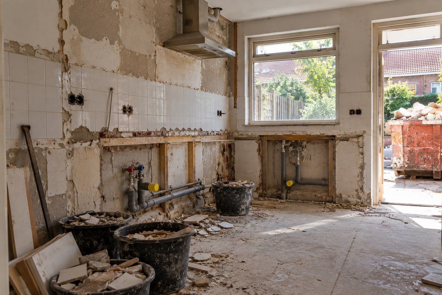 Keuken na het slopen: kasten weg, leidingen afgedopt, wandtegels deels verwijderd en puin in emmers