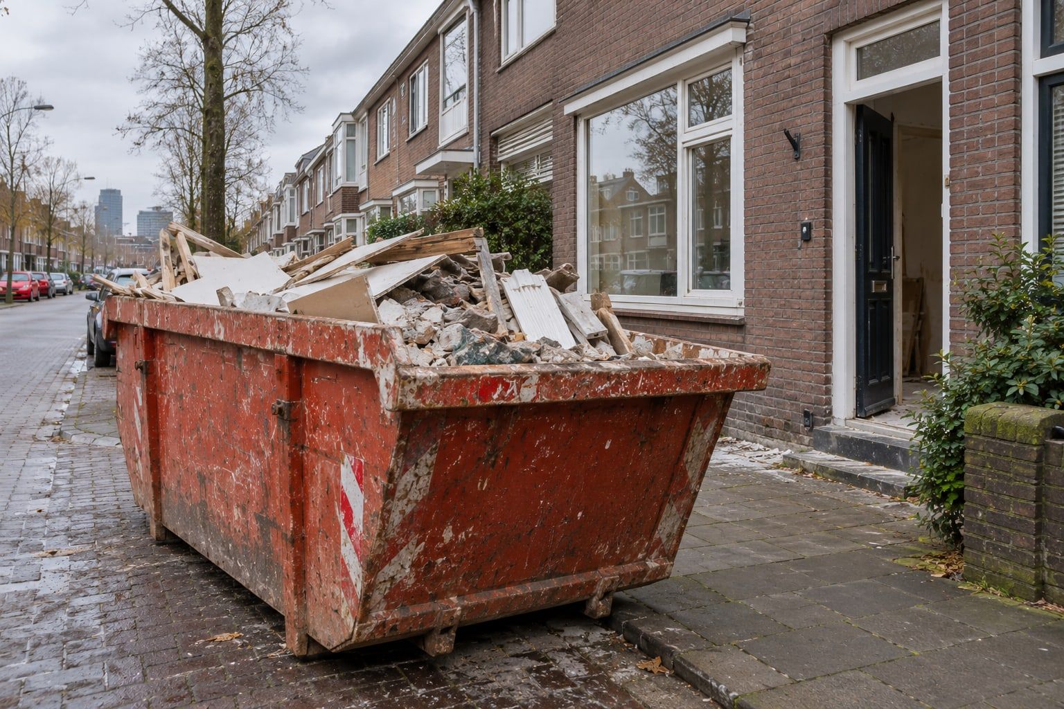 Container met sloopafval voor een rijtjeshuis in een stadsstraat